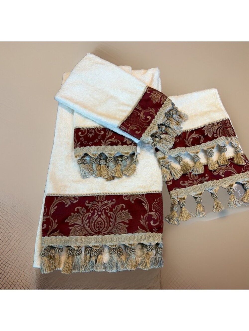 5 VTG Croscill Towels Cambridge Burgundy Fringe Tassels Bath, Hand, Fingertip